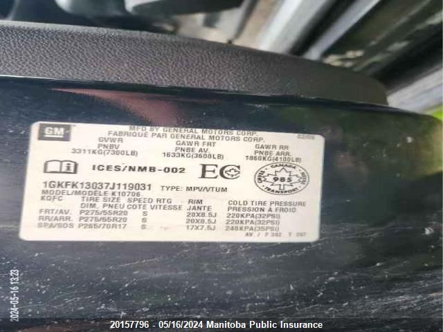 2007 GMC Yukon Slt VIN: 1GKFK13037J119031 Lot: 20157796