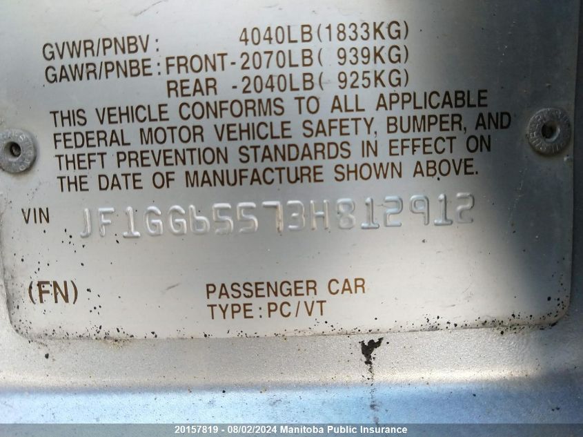 2003 Subaru Impreza Sport 2.5 Ts VIN: JF1GG65573H812912 Lot: 20157819