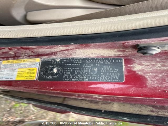 2007 Kia Sedona Lx VIN: KNDMB233176157279 Lot: 20157905