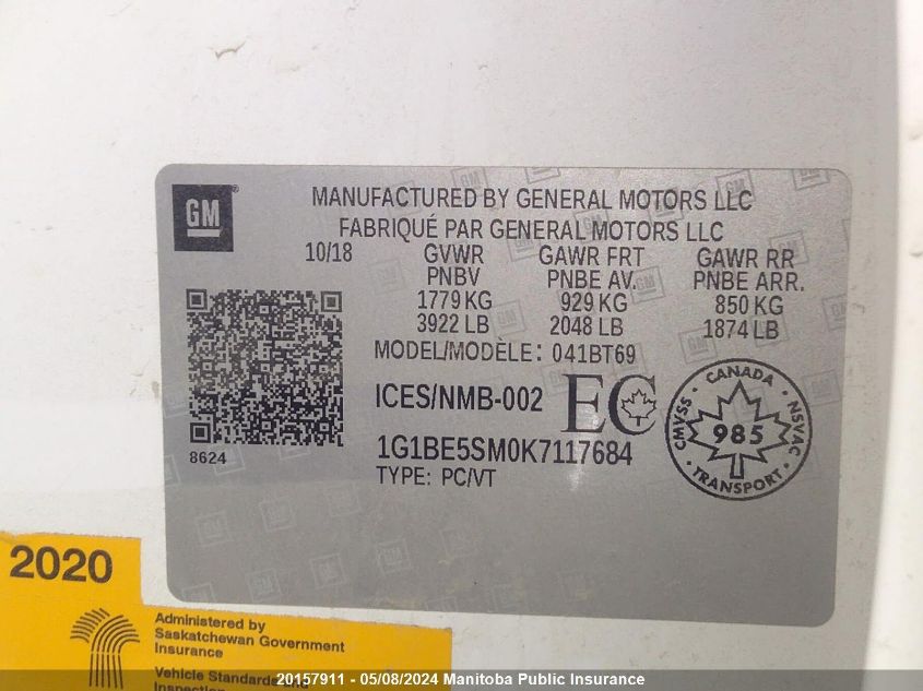 2019 Chevrolet Cruze Lt Turbo VIN: 1G1BE5SM0K7117684 Lot: 20157911