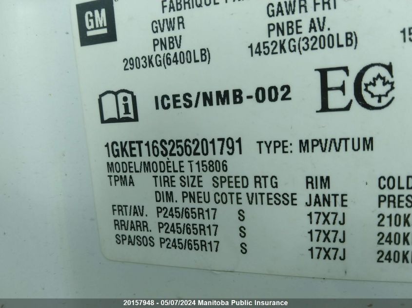 2005 GMC Envoy Xl Sle VIN: 1GKET16S256201791 Lot: 20157948