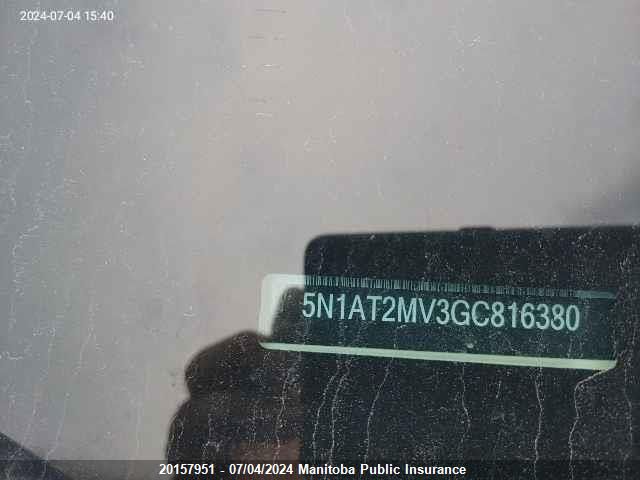 2016 Nissan Rogue Sv VIN: 5N1AT2MV3GC816380 Lot: 20157951