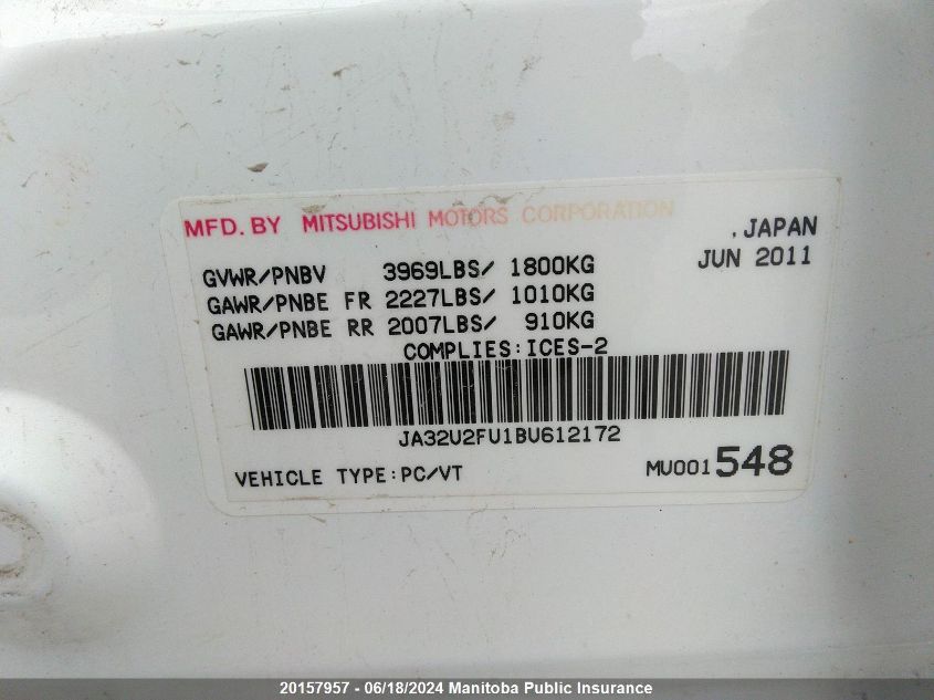 2011 Mitsubishi Lancer Se VIN: JA32U2FU1BU612172 Lot: 20157957