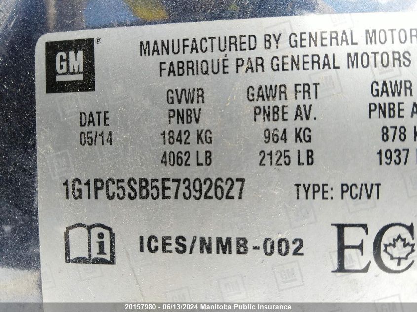 2014 Chevrolet Cruze Lt Turbo VIN: 1G1PC5SB5E7392627 Lot: 20157980