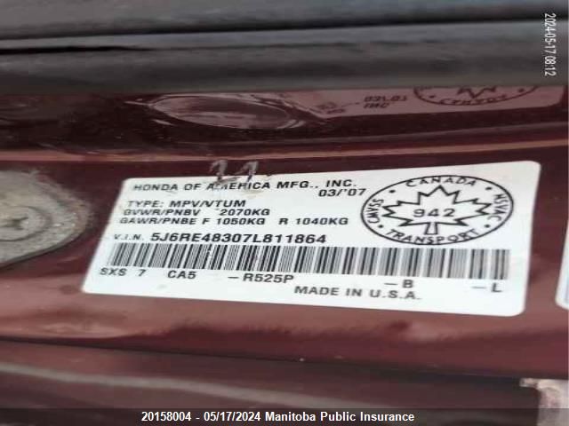 2007 Honda Cr-V Lx VIN: 5J6RE48307L811864 Lot: 20158004