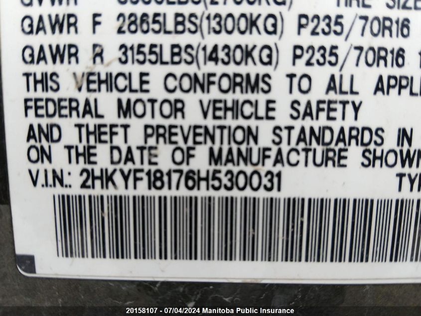 2006 Honda Pilot Lx VIN: 2HKYF18176H530031 Lot: 20158107