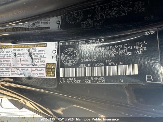 2007 Toyota Fj Cruiser VIN: JTEBU11F070002097 Lot: 20158439