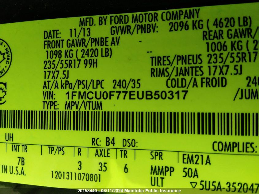 2014 Ford Escape S VIN: 1FMCU0F77EUB50317 Lot: 20158440