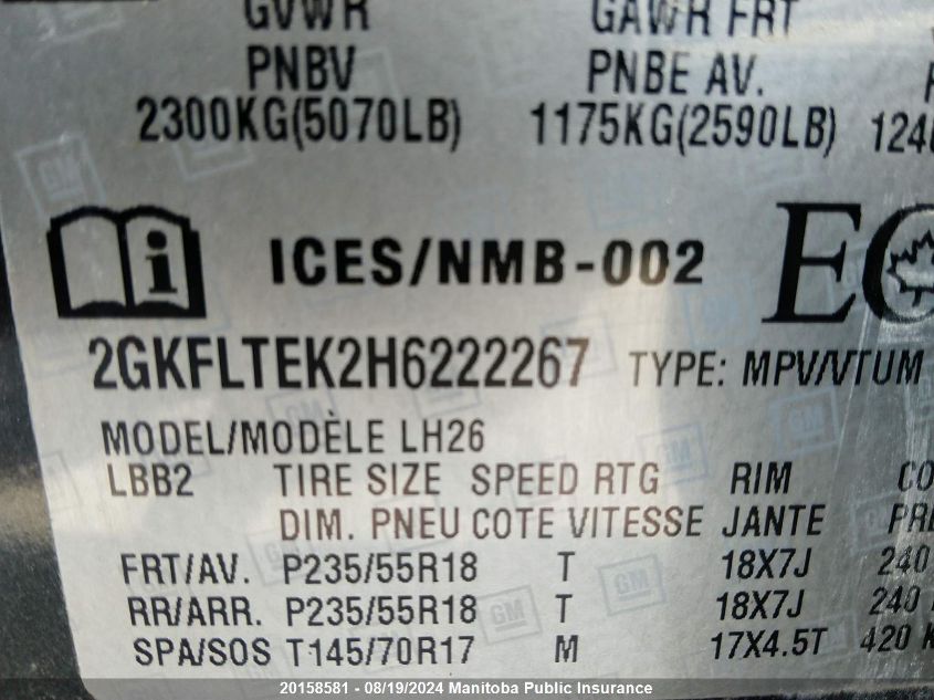 2017 GMC Terrain Sle VIN: 2GKFLTEK2H6222267 Lot: 20158581