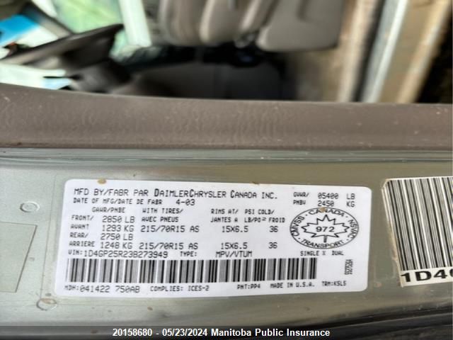 2003 Dodge Caravan Se VIN: 1D4GP25R23B273949 Lot: 20158680