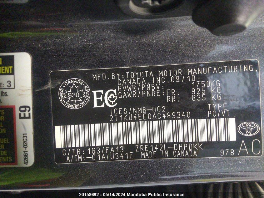 2010 Toyota Matrix VIN: 2T1KU4EE0AC489340 Lot: 20158692