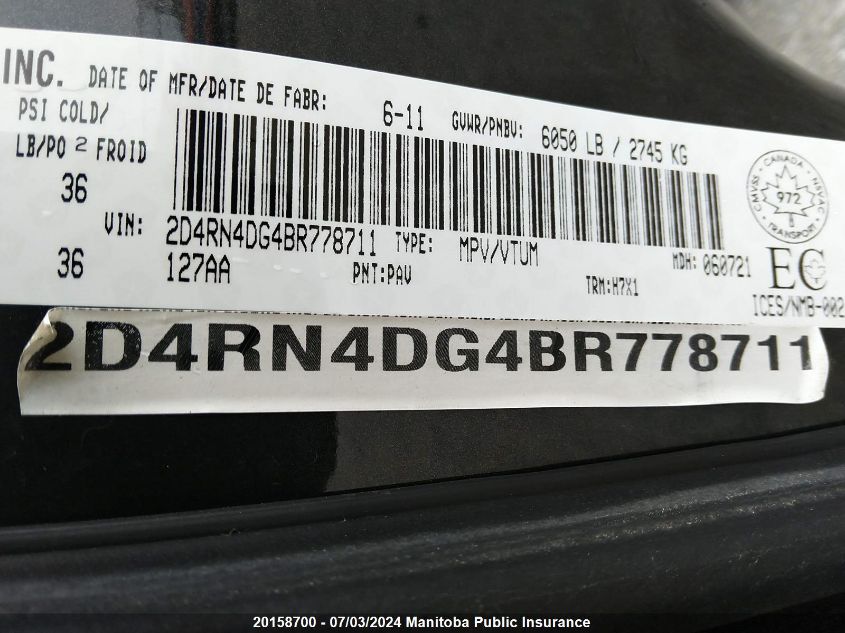 2011 Dodge Grand Caravan Sxt VIN: 2D4RN4DG4BR778711 Lot: 20158700