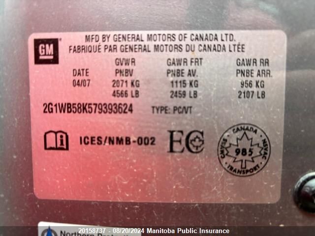 2007 Chevrolet Impala Ls V6 VIN: 2G1WB58K579393624 Lot: 20158737