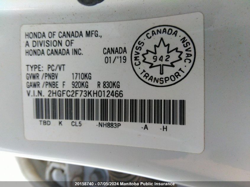 2019 Honda Civic Ex VIN: 2HGFC2F73KH012466 Lot: 20158740