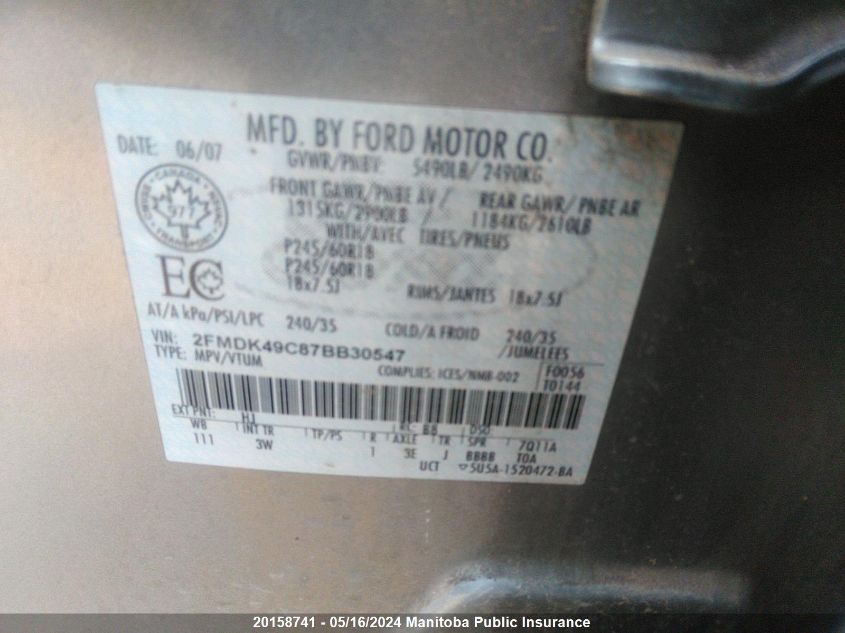 2007 Ford Edge Se VIN: 2FMDK49C87BB30547 Lot: 20158741