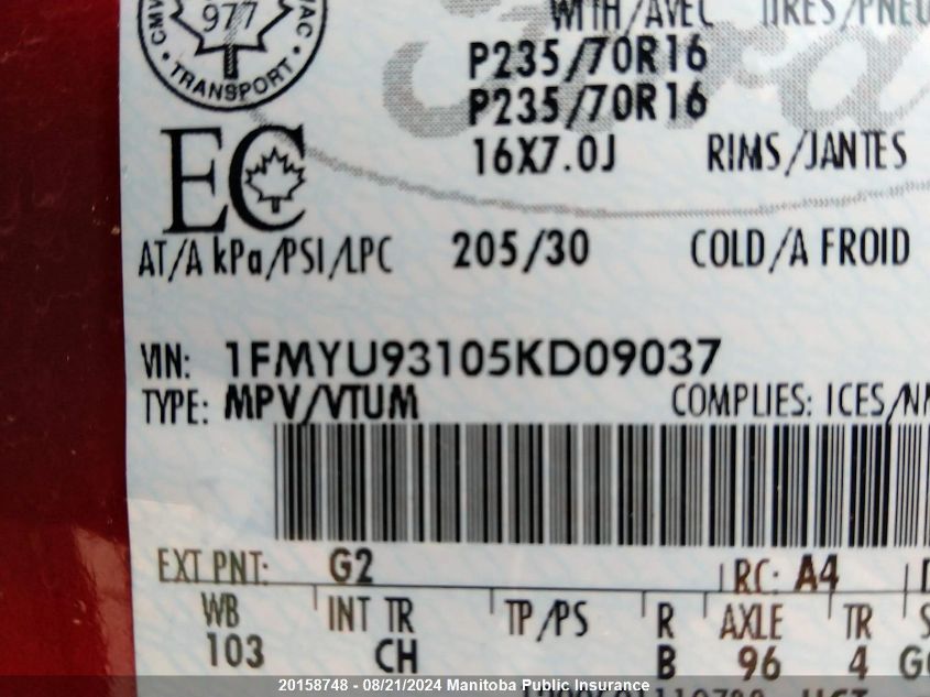 2005 Ford Escape Xlt V6 VIN: 1FMYU93105KD09037 Lot: 20158748