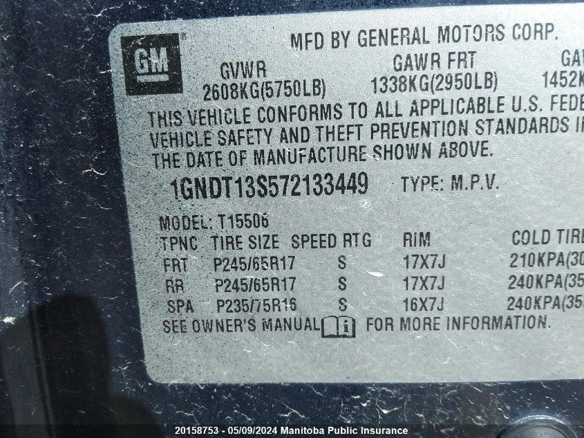 2007 Chevrolet Trailblazer Ls VIN: 1GNDT13S572133449 Lot: 20158753