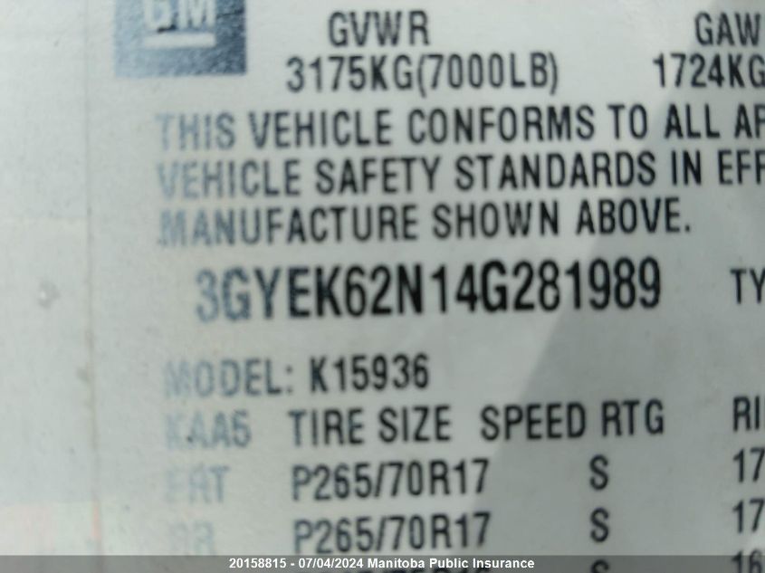 2004 Cadillac Escalade Ext VIN: 3GYEK62N14G281989 Lot: 20158815