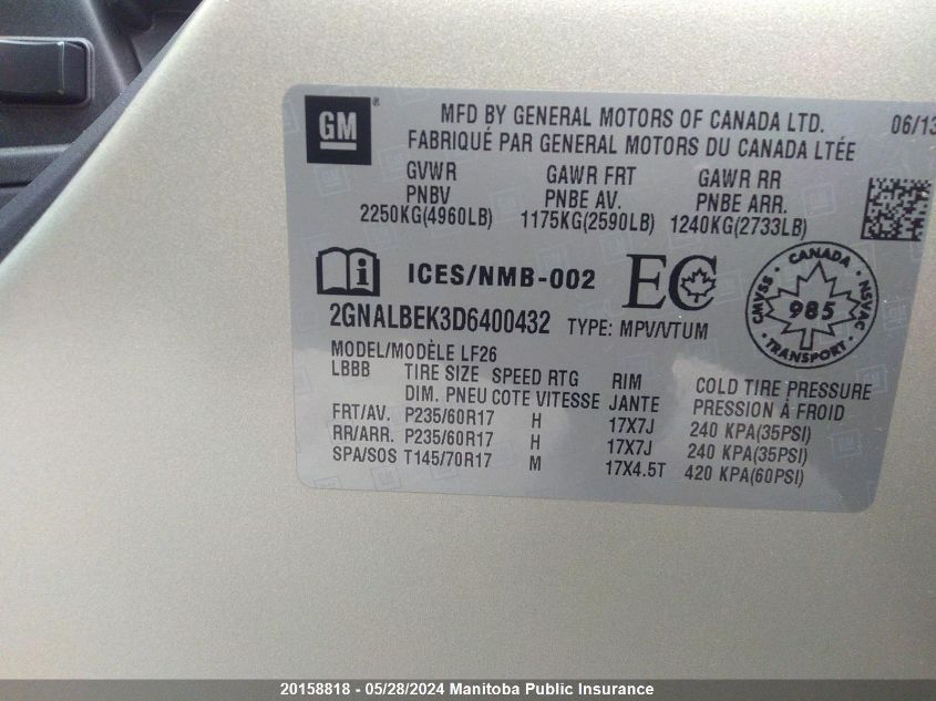 2013 Chevrolet Equinox Ls VIN: 2GNALBEK3D6400432 Lot: 20158818