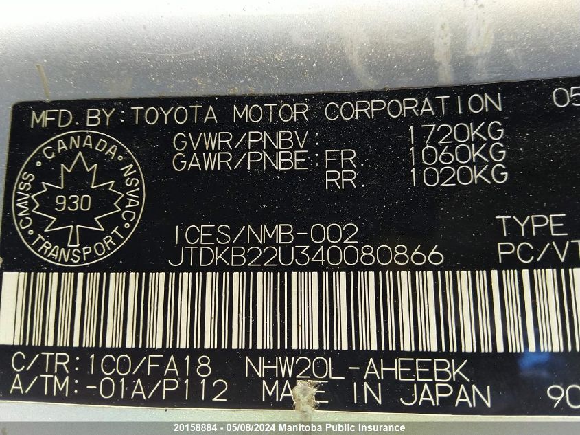 2004 Toyota Prius VIN: JTDKB22U340080866 Lot: 20158884