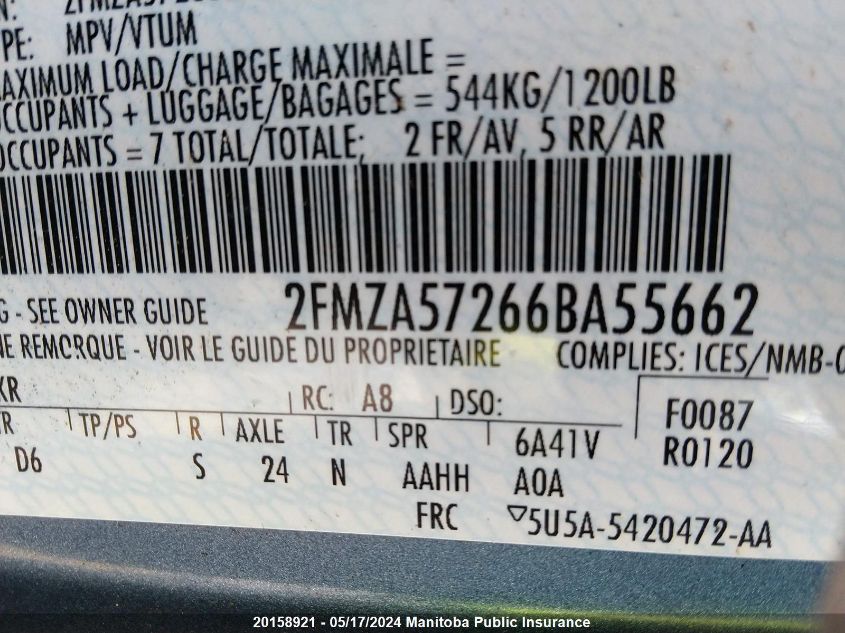 2006 Ford Freestar Sport VIN: 2FMZA57266BA55662 Lot: 20158921