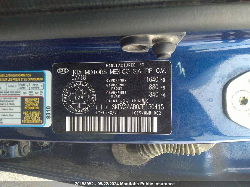2018 Kia Rio Lx VIN: 3KPA24AB0JE150415 Lot: 20158952