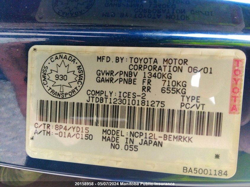 2001 Toyota Echo VIN: JTDBT123010181275 Lot: 20158958