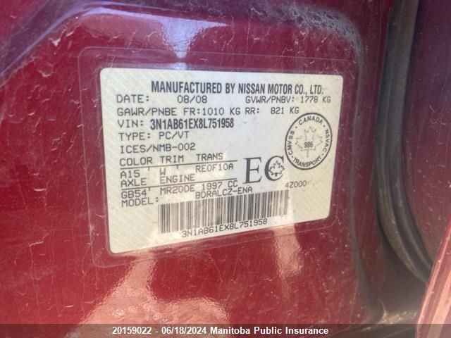 2008 Nissan Sentra 2.0 VIN: 3N1AB61EX8L751958 Lot: 20159022