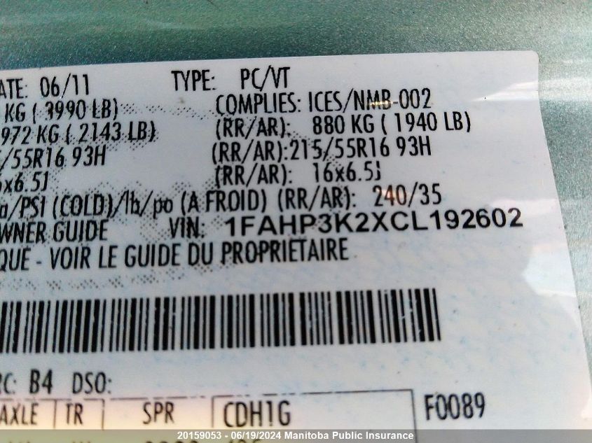 2012 Ford Focus Se VIN: 1FAHP3K2XCL192602 Lot: 20159053