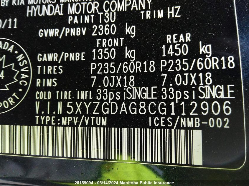 2012 Hyundai Santa Fe Gl Sport VIN: 5XYZGDAG8CG112906 Lot: 20159094