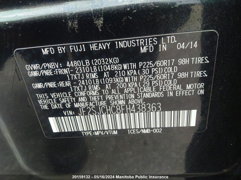 2015 Subaru Forester 2.5I VIN: JF2SJCHC8FH438363 Lot: 20159132