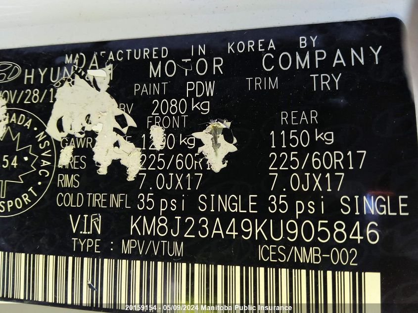 2019 Hyundai Tucson Essential VIN: KM8J23A49KU905846 Lot: 20159154