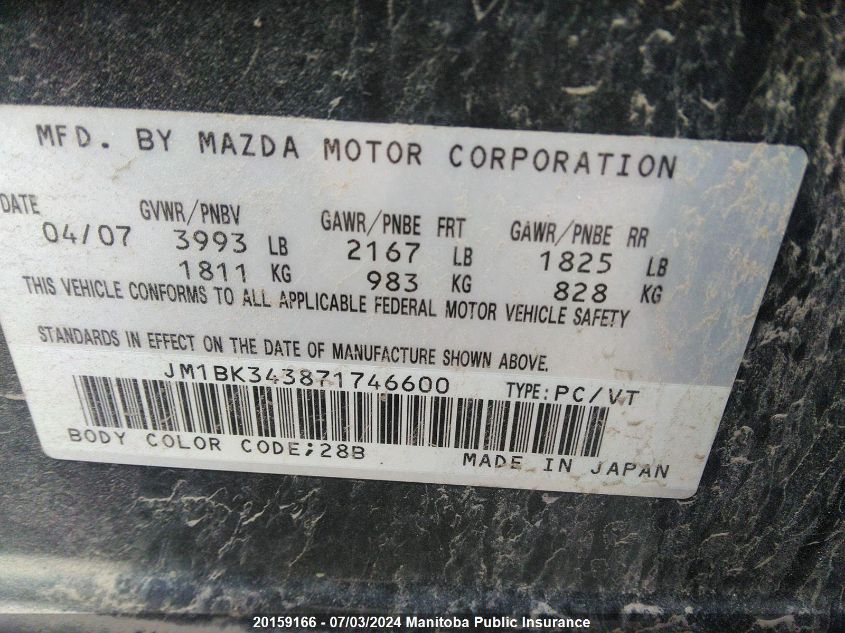 2007 Mazda Mazda3 S VIN: JM1BK343871746600 Lot: 20159166