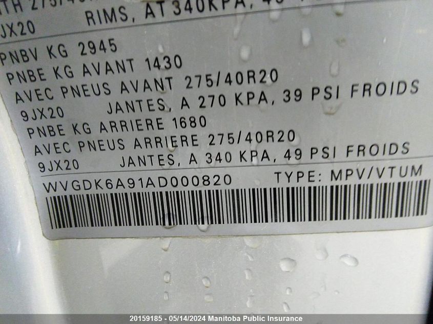 2010 Volkswagen Touareg V6 Tdi VIN: WVGDK6A91AD000820 Lot: 20159185