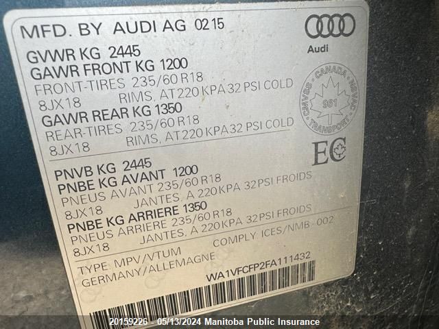 2015 Audi Q5 VIN: WA1VFCFP2FA111432 Lot: 20159226