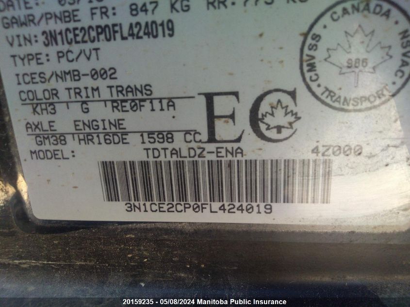 2015 Nissan Versa Note Sv VIN: 3N1CE2CP0FL424019 Lot: 20159235