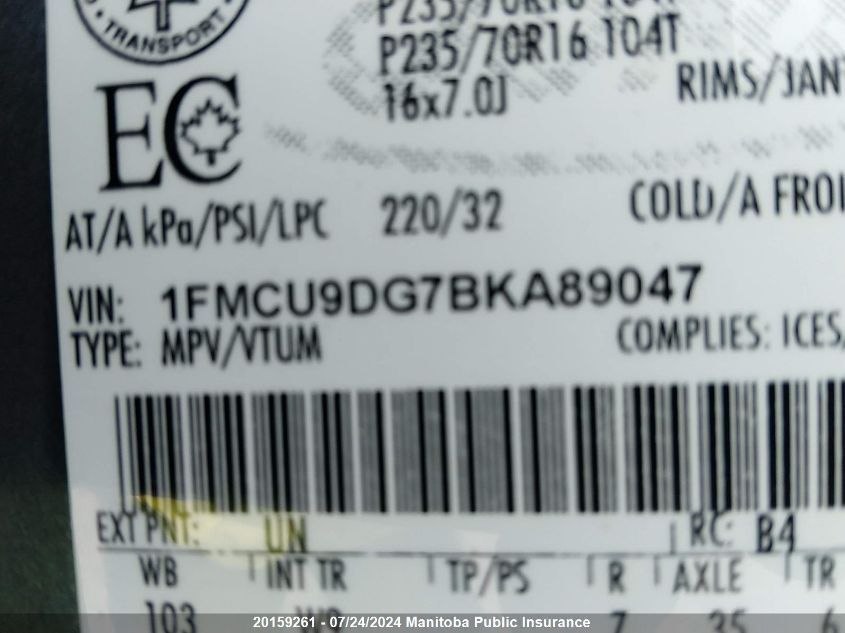 2011 Ford Escape Xlt V6 VIN: 1FMCU9DG7BKA89047 Lot: 20159261