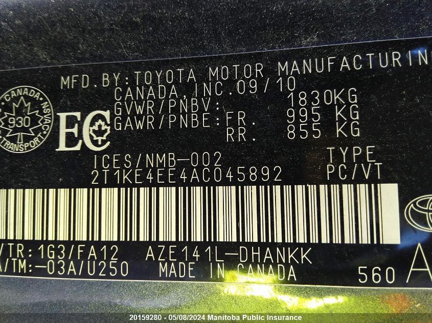 2010 Toyota Matrix Xr VIN: 2T1KE4EE4AC045892 Lot: 20159280