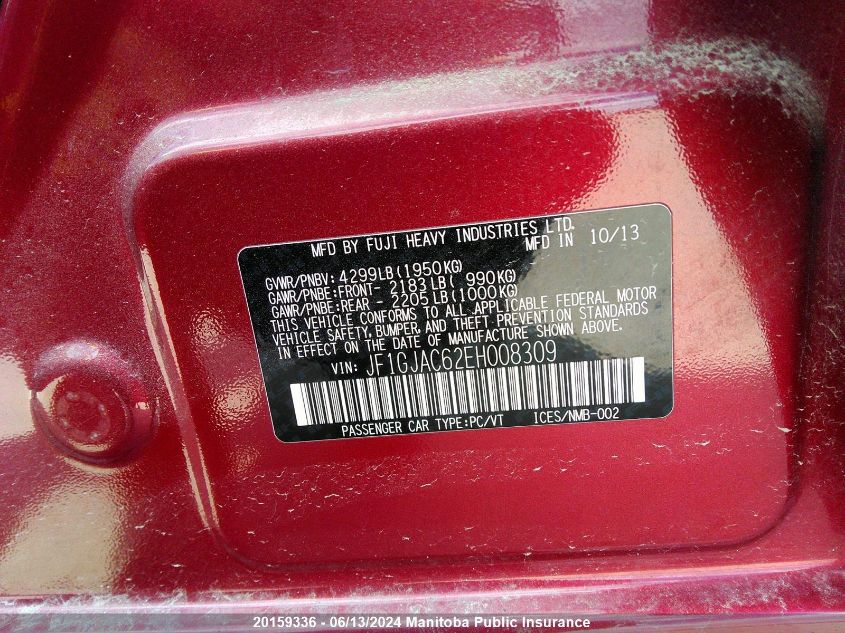 2014 Subaru Impreza 2.0I VIN: JF1GJAC62EH008309 Lot: 20159336