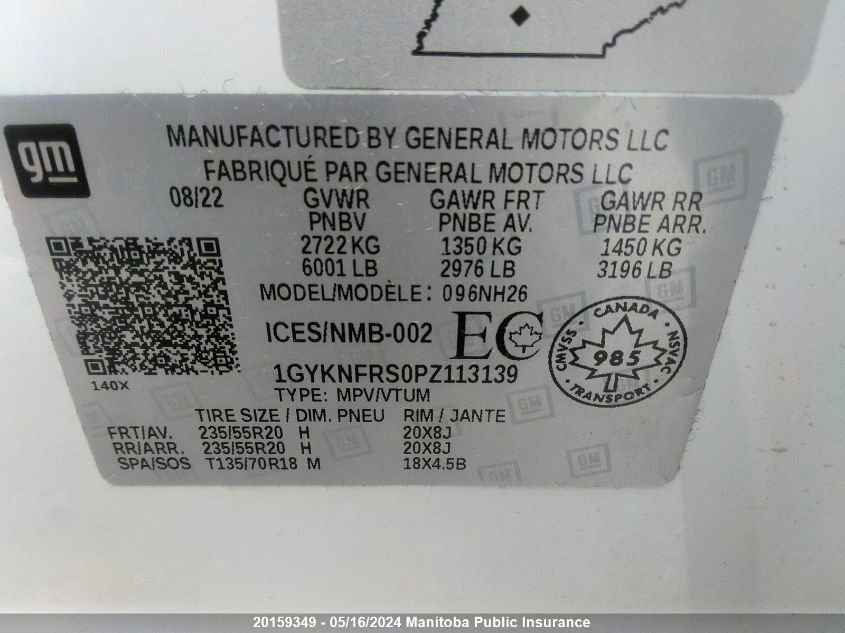 2023 Cadillac Xt5 VIN: 1GYKNFRS0PZ113139 Lot: 20159349