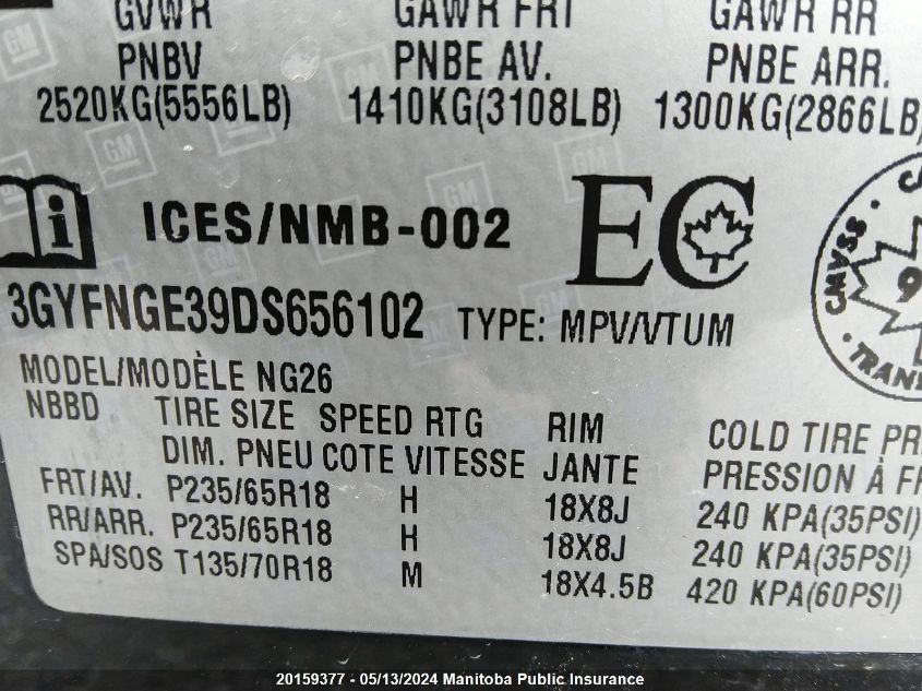 2013 Cadillac Srx V6 VIN: 3GYFNGE39DS656102 Lot: 20159377