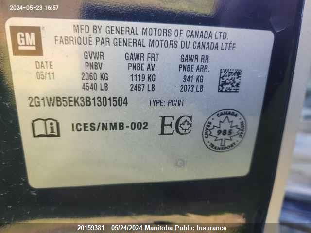 2011 Chevrolet Impala Lt V6 VIN: 2G1WB5EK3B1301504 Lot: 20159381