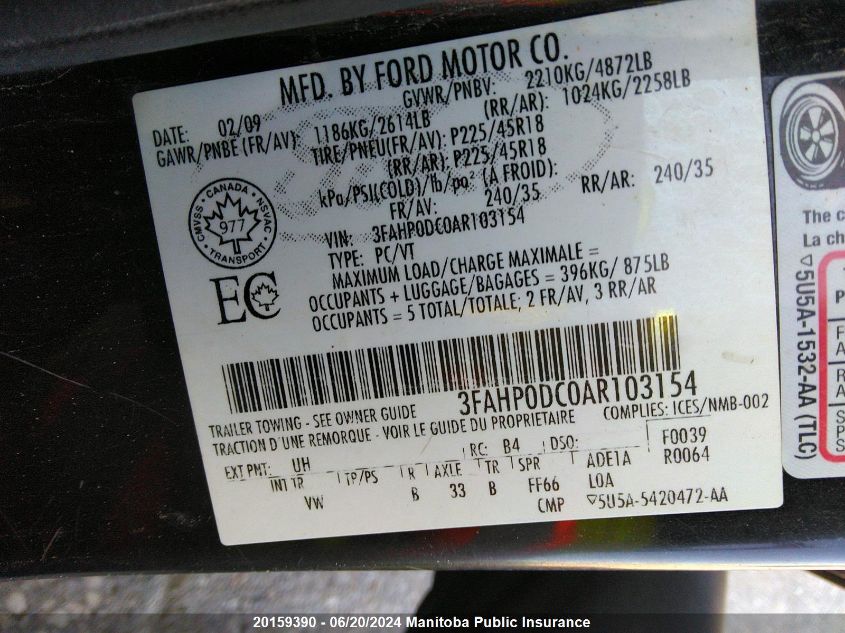 2010 Ford Fusion Sport V6 VIN: 3FAHP0DC0AR103154 Lot: 20159390