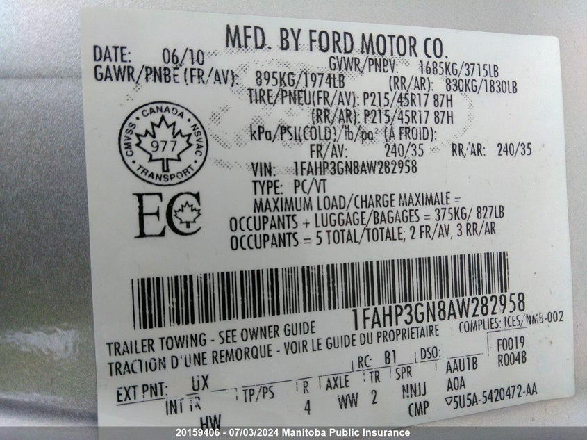 2010 Ford Focus Ses VIN: 1FAHP3GN8AW282958 Lot: 20159406