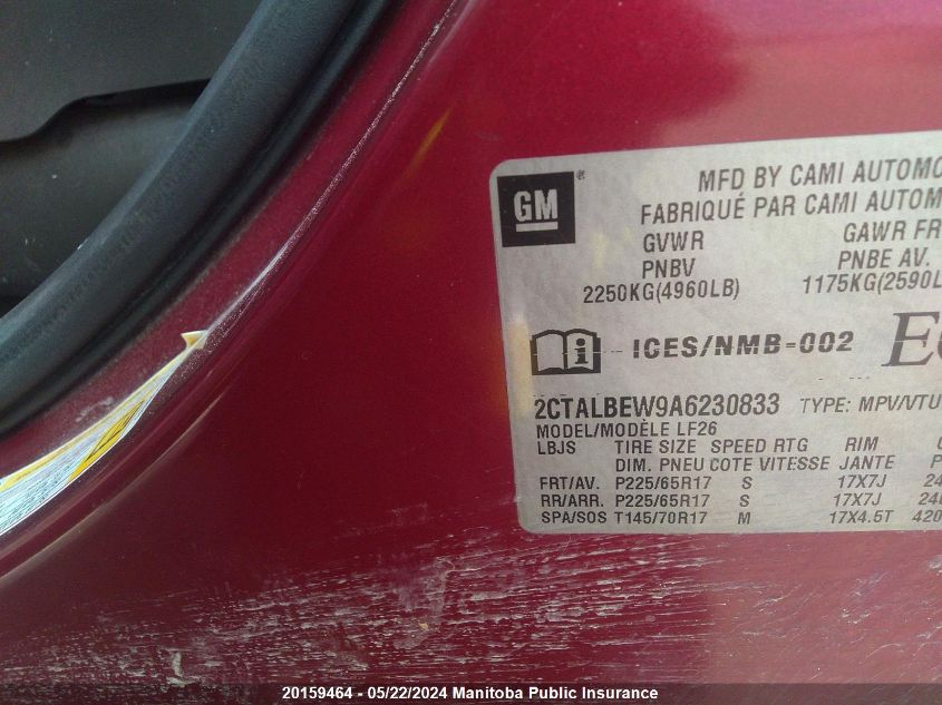 2010 GMC Terrain Sle VIN: 2CTALBEW9A6230833 Lot: 20159464