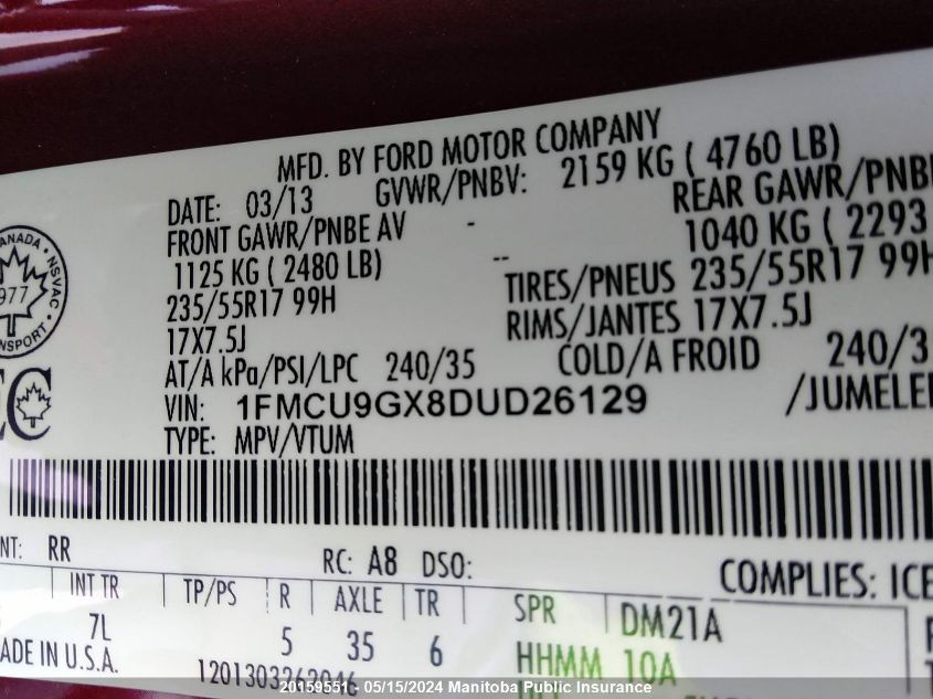 2013 Ford Escape Se VIN: 1FMCU9GX8DUD26129 Lot: 20159551