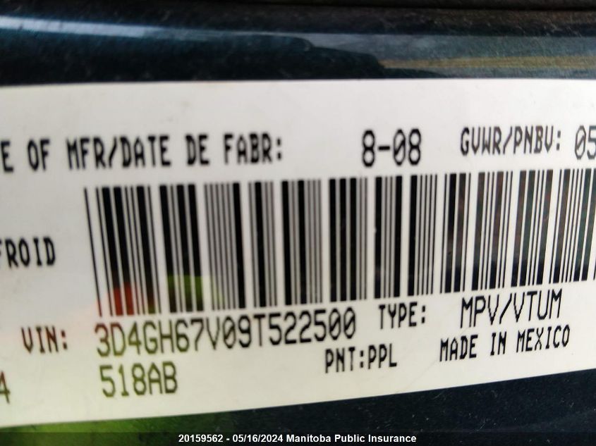 2009 Dodge Journey R/T VIN: 3D4GH67V09T522500 Lot: 20159562