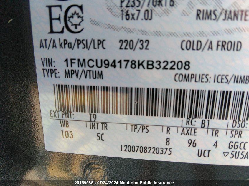 2008 Ford Escape Limited V6 VIN: 1FMCU94178KB32208 Lot: 20159586