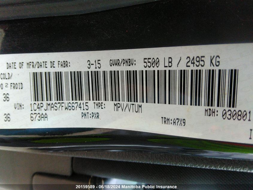 2015 Jeep Cherokee Sport VIN: 1C4PJMAS7FW667415 Lot: 20159589