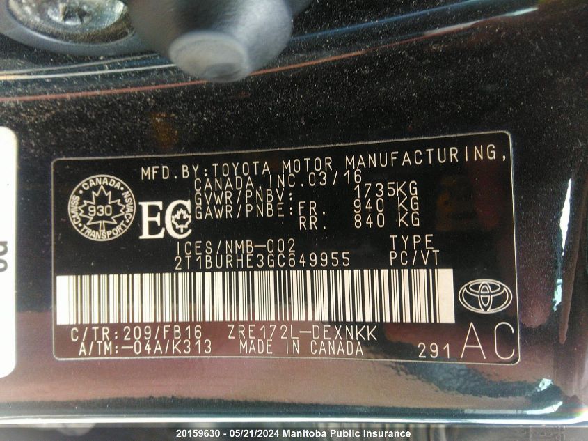 2016 Toyota Corolla Le VIN: 2T1BURHE3GC649955 Lot: 20159630